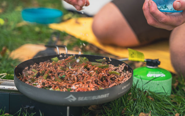 camp kitchen beef tacos frying pan
